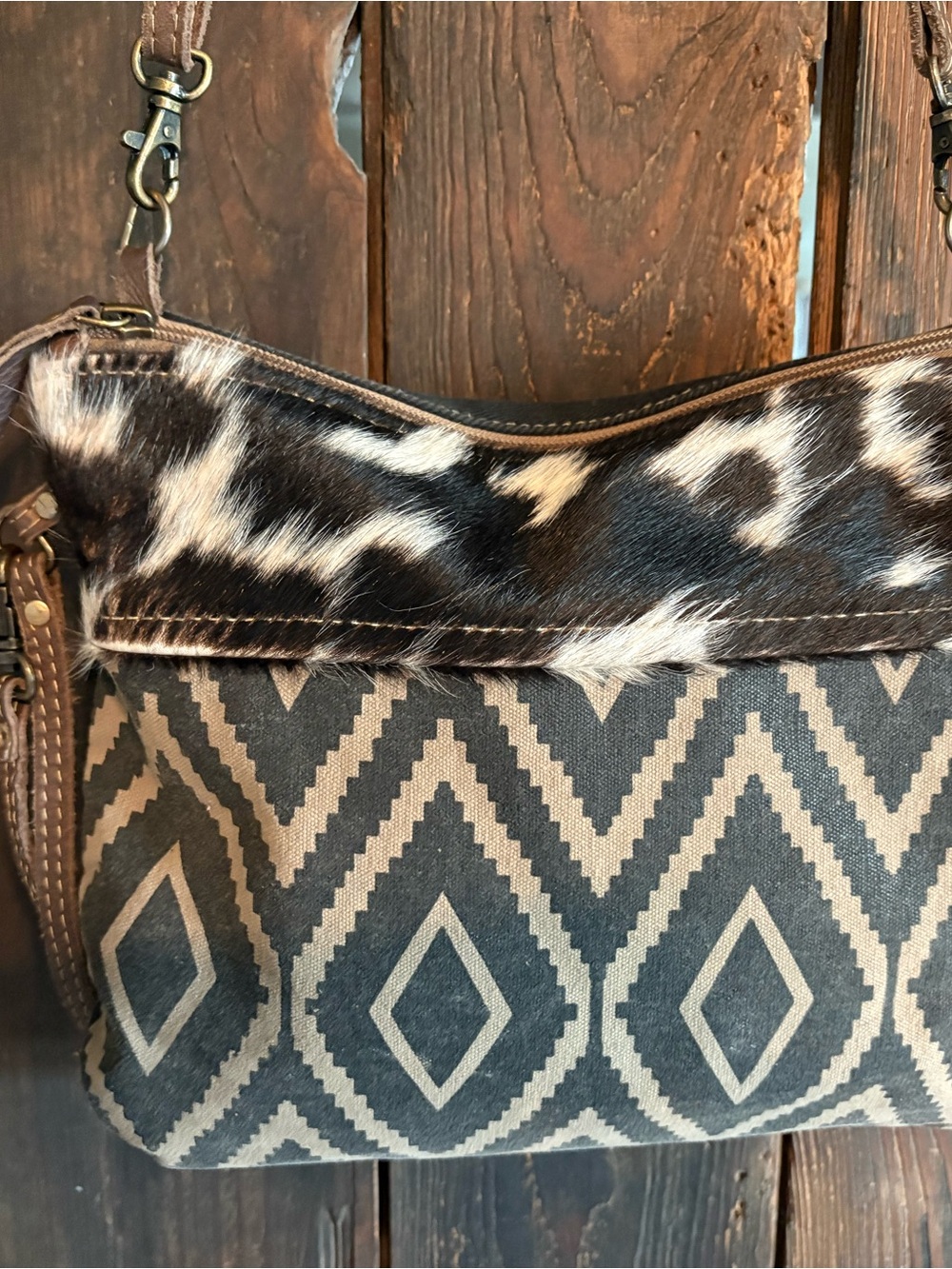 Myra Bag Brown and Cream Geometric Crossbody with Cow Hide Accent
